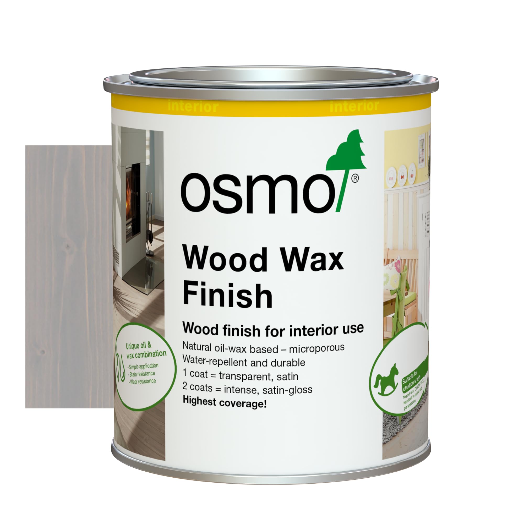 Osmo Wood Wax Finish 3119, Silk Grey Satin Finish, 750ml - Durable Furniture Wax for Wooden Furniture, Water-Resistant Floor Wax, Wood Treatments - Ideal for Oak, Pine & More