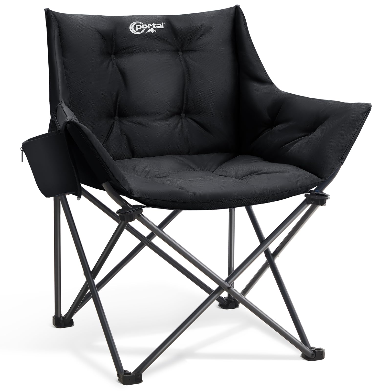 Portal Campingstuhl Faltbar Klappstuhl Dick Gepolstert 150kg Belastbar | Faltbarer Angelstuhl XXL Dick Gepolstert mit Armlehnen Outdoorstuhl Schwarz für Camping Garten