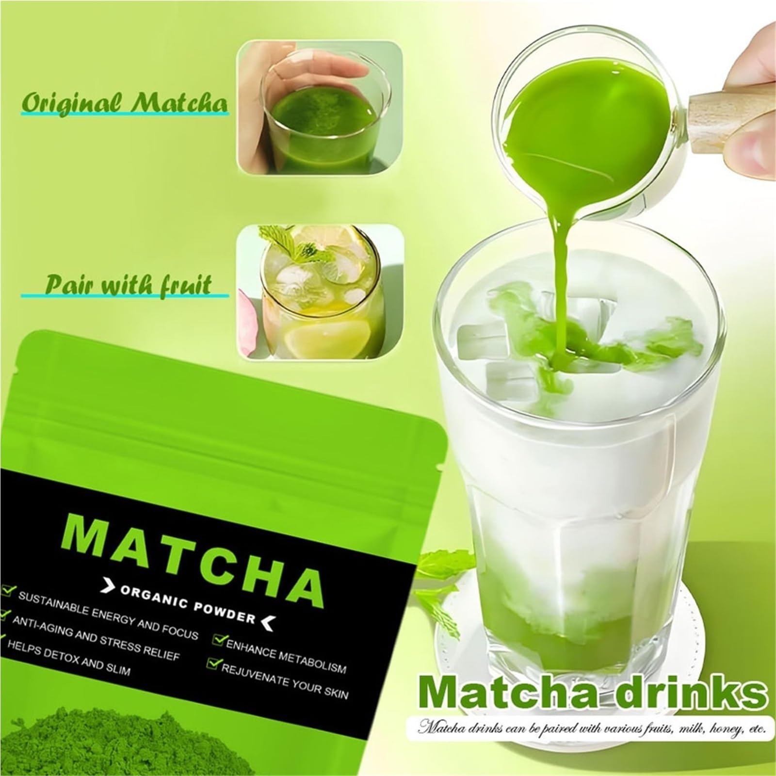 Czysty Proszek Zielonej Herbaty Matcha Premium – Naturalny, Bez Dodatków, Bez GMO, Do Napojów, Wypieków I Koktajli(3PCS)