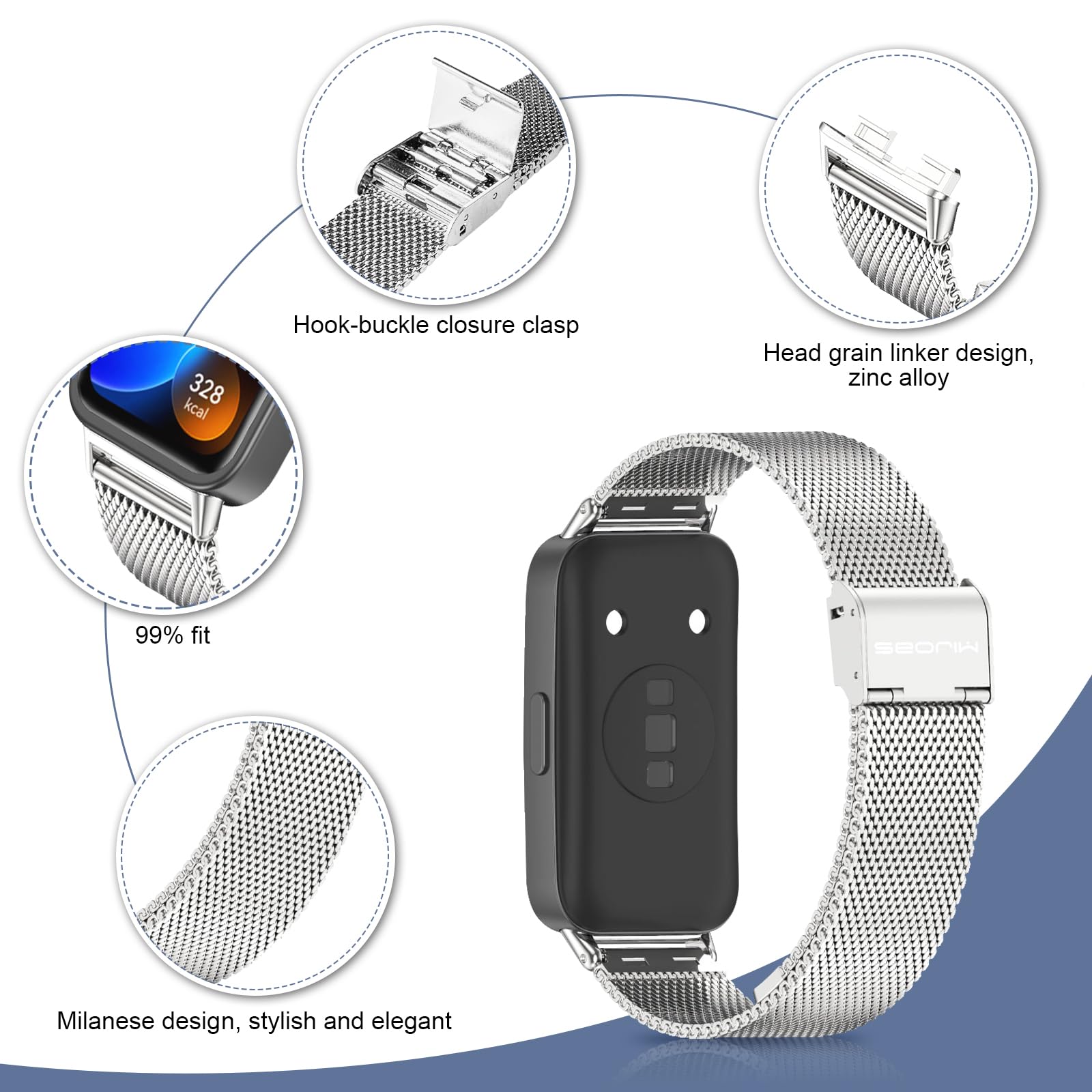 MIJOBS Cinturino Metallico In Acciaio Inox Per Huawei Band 8/9/10 – Milano, Sgancio Rapido, Regolabile 150-220mm
