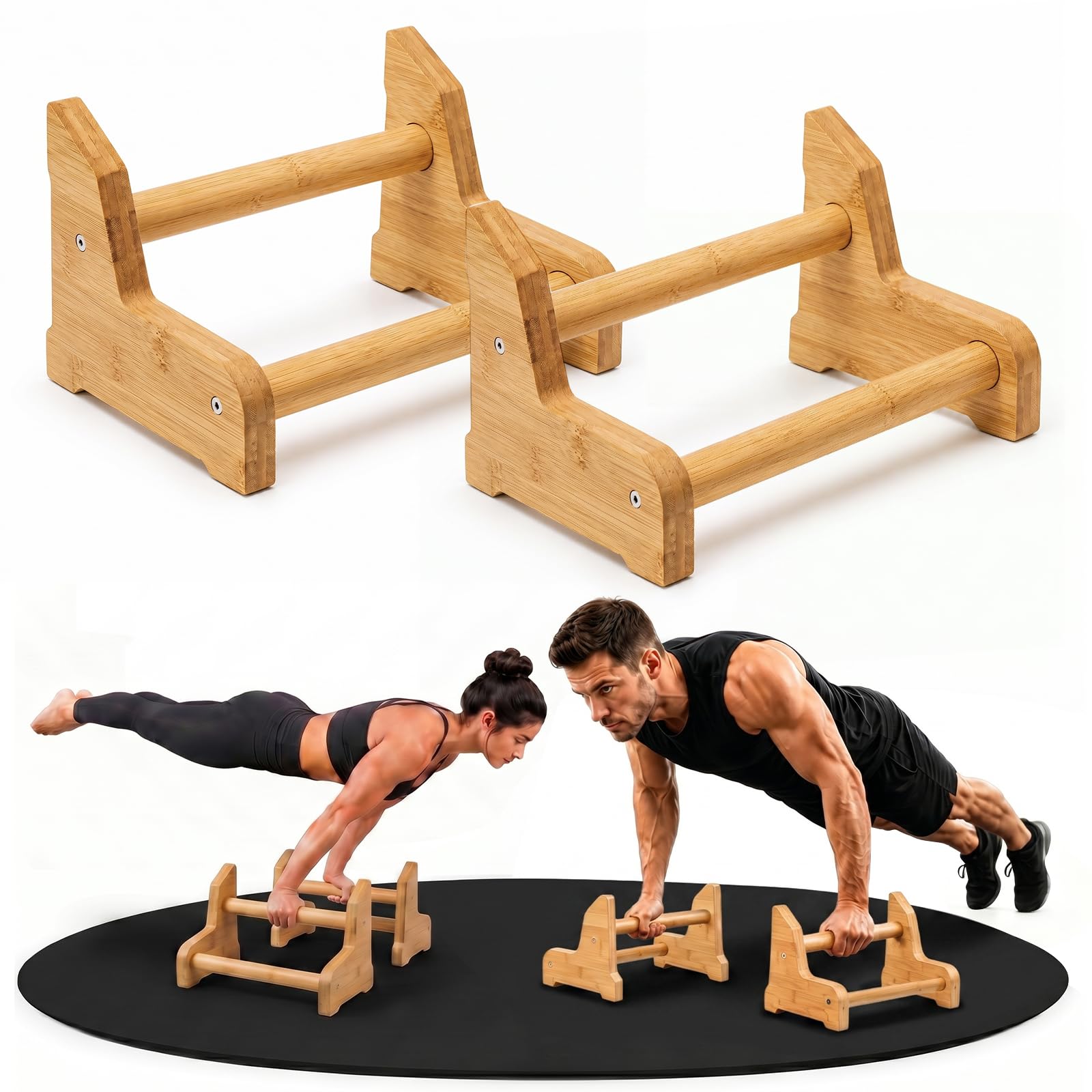 2 maniglie per flessioni in legno, antiscivolo, asta in legno rimovibile, 3 livelli di regolazione in altezza, adatte per esercizi a casa ed esercizi all'aperto, portata 300 kg