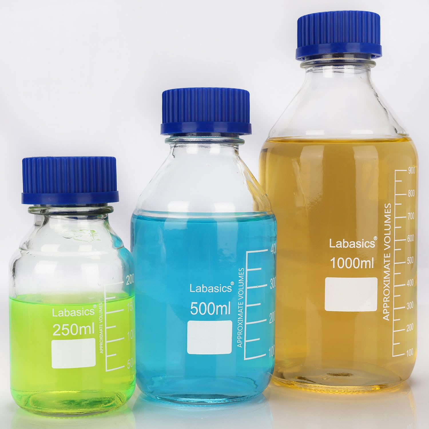 Labasics Runden Medien Aufbewahrungsflaschen mit GL45 Blauer Schraubverschluss, Glas Klar Weithals Graduiert Runde Laborglasflasche zur Aufbewahrung Labasics Runden Medien Aufbewahrungsflaschen mit GL45 Blauer Schraubverschluss, Glas Klar Weithals Graduiert Runde Laborglasflasche zur Aufbewahrung