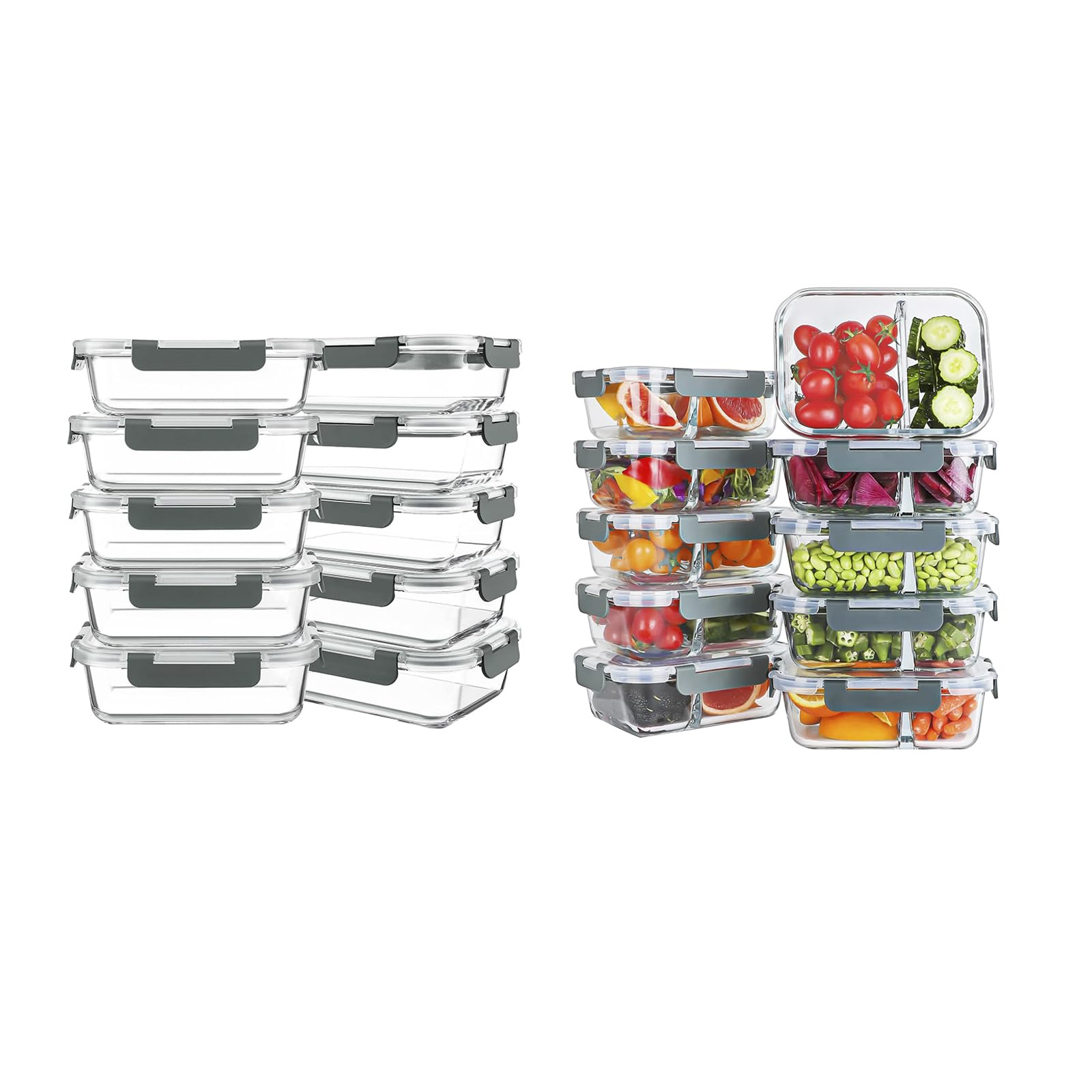 KOMUEE 10-Pack 30oz Glass Meal Prep Containers Set — 1 & 2-Compartment Glass Food Storage with Lids, Oven/Freezer/Microw