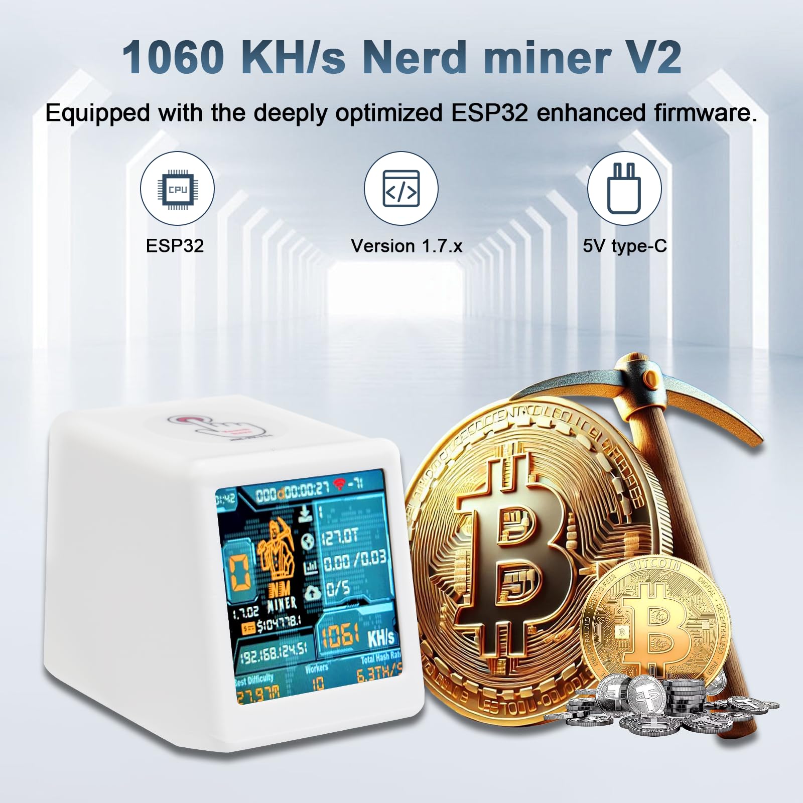 Binghe V2 Bitcoin Miner,1060 KH/s Miner V2 Intelligentes Display mit ESP32 und Tischuhr Bitcoin Miner BTC Solo Lottery Miner Bitcoin Crypto Lottery Miner Kompatibel mit Miner v2(Weiß)