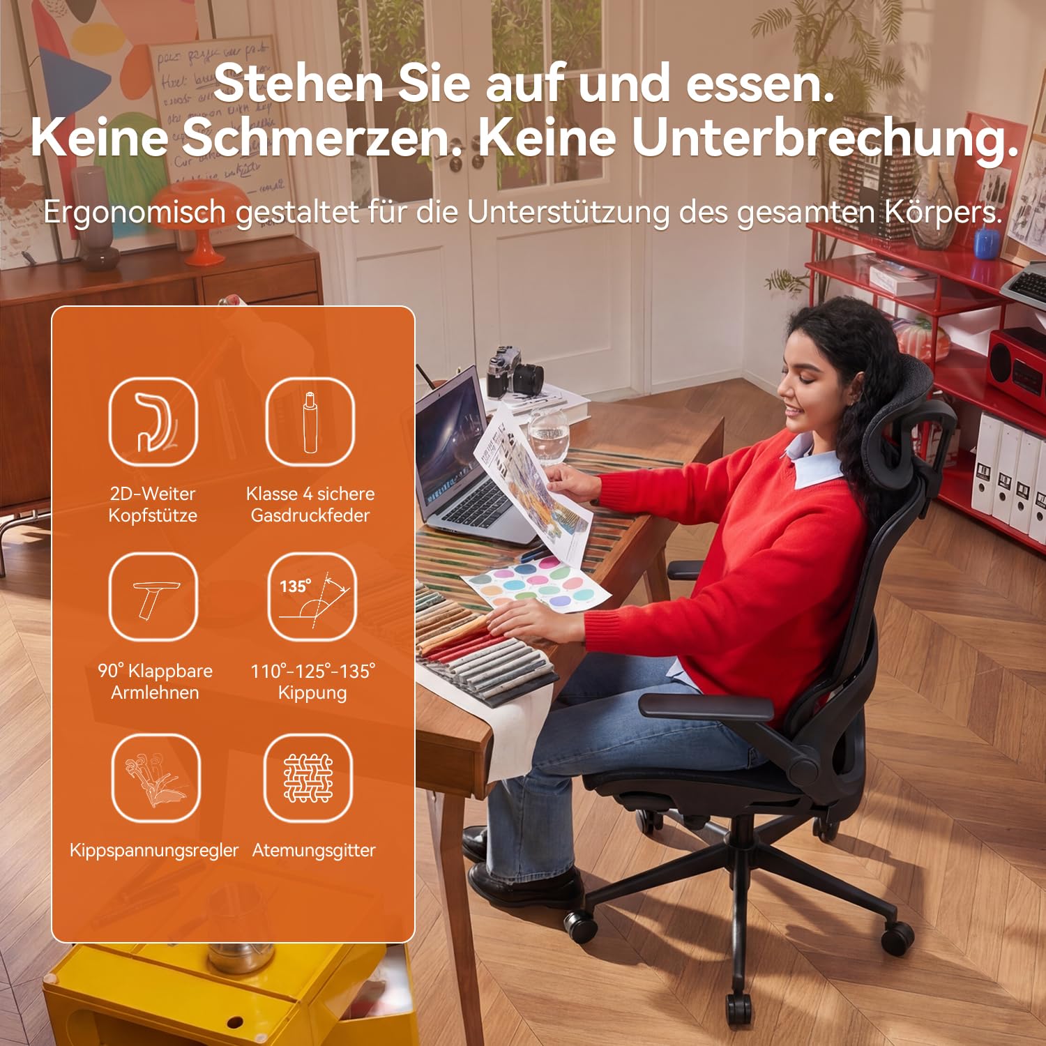 SIHOO Bürostuhl Ergonomisch, Schreibtischstuhl mit 4D Dynamischer Lordosenstütze, Breiter Kopfstütze & Klappbaren Armlehnen, Neigung 90-135°, Schwarz