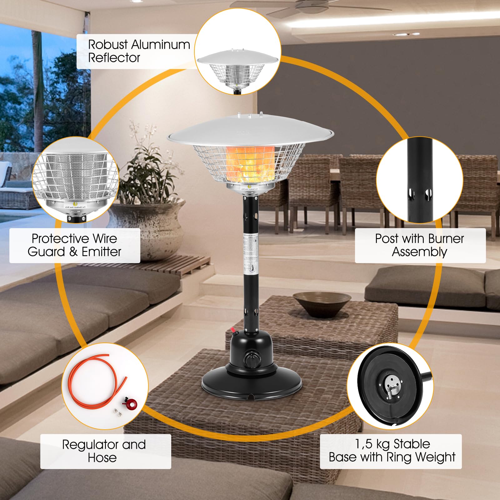 SOARS Fungo Riscaldante per Esterno a Gas 4000 W, Riscaldatore Portatile da Tavolo, con Raggio Termico di 1,37 M, Temperatura Regolabile, Tubo del Gas da 2 M, per Terrazza, Giardino, Cortile (Nero)