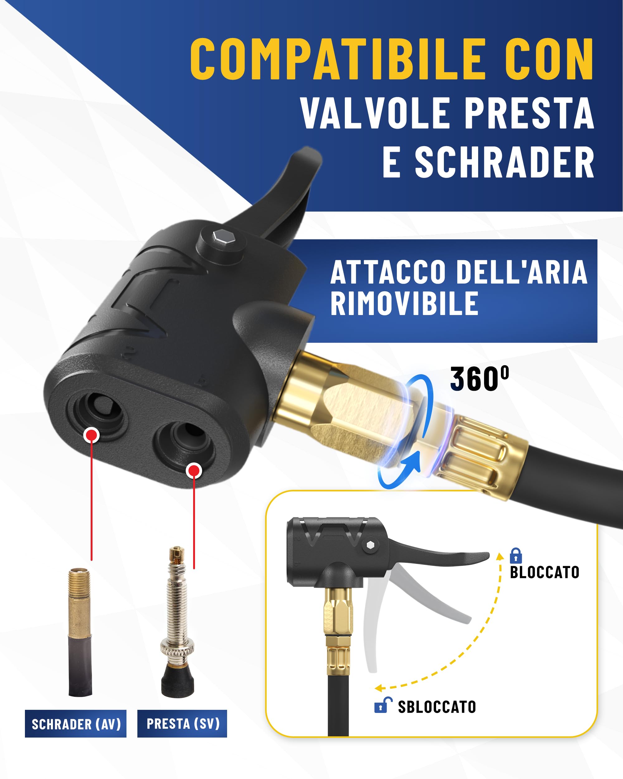 Manometro Pressione Gomme, Pistola Gonfiaggio Pneumatici - Presta, Schrader