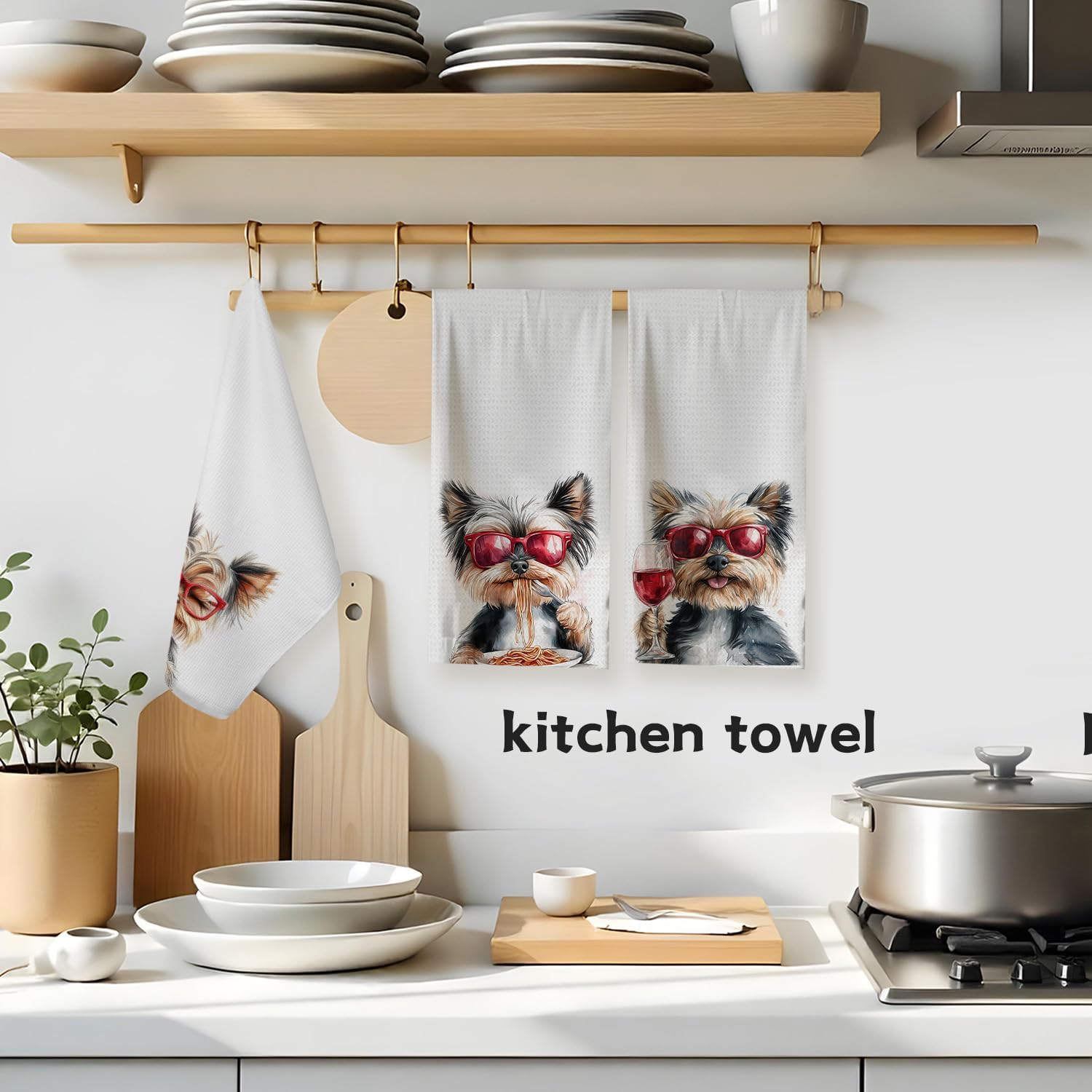 Yorkshire Terrier Wine Coffee Spaghetti Kitchen Towels, Gifts for Yorkshire Terrier Dog Lovers Decorative Hand Towels, Wine and Coffee Lover Gifts Dish Tea Towel, 16x24 Inch Set of 3 Towels