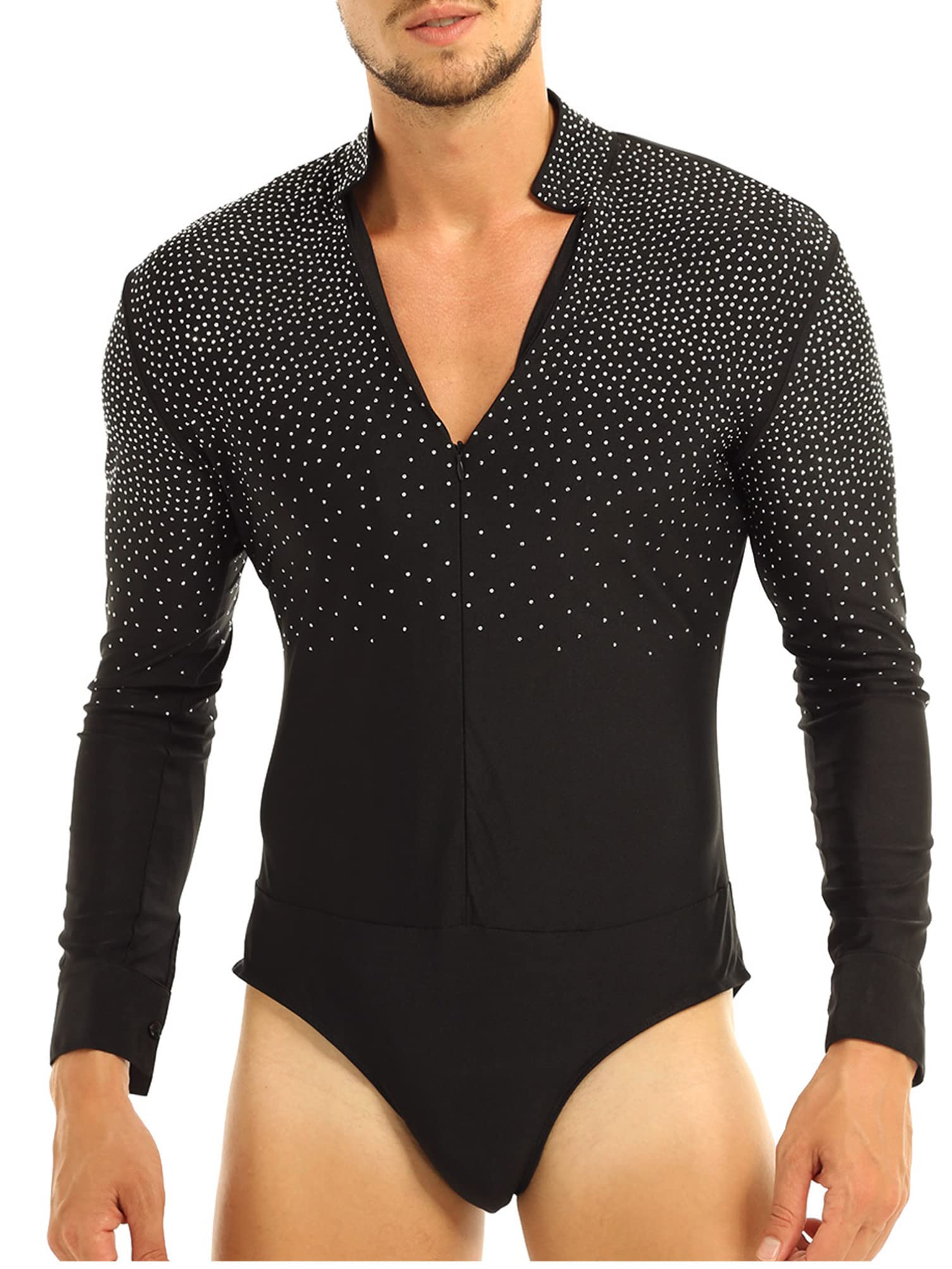Men's Sparkle Rhinestones Modern Latin Jazz Dance Shirt Blouse Top Ballroom Rumba Leotard Jumpsuit