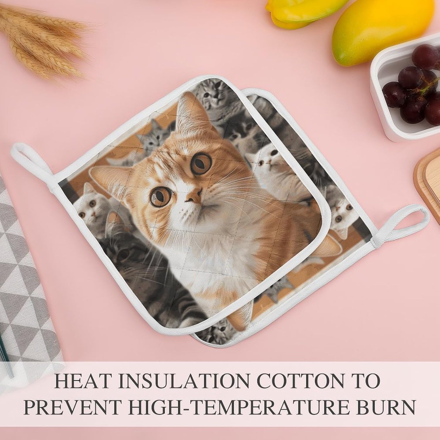 Pot Holder Set of 2 Funny Pet Cat Printed Potholders for Kitchens Heat Resistant & Non Slip Potholders for Kitchen Cooking Baking BBQ