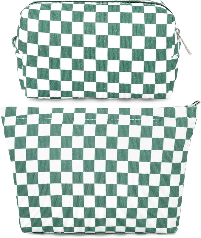 Necessaires de maquiagem SOIDRAM xadrez verde-oliva, com zíper, 2 unidades