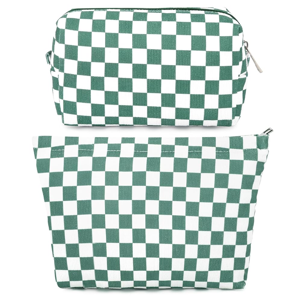 SOIDRAM 2 Pcs Checkered Makeup Bag Large Cosmetic Bag Toiletry Bag Makeup Pouch Travel Bag Organizer Cute Makeup Brushes Aesthetic Accessories Storage Bag for Women Olive Green