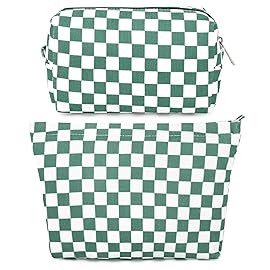 SOIDRAM 2 Pcs Checkered Makeup Bag Large Cosmetic Bag Toiletry Bag Makeup Pouch Travel Bag Organizer Cute Makeup Brushes Aesthetic Accessories Storage Bag for Women Olive Green