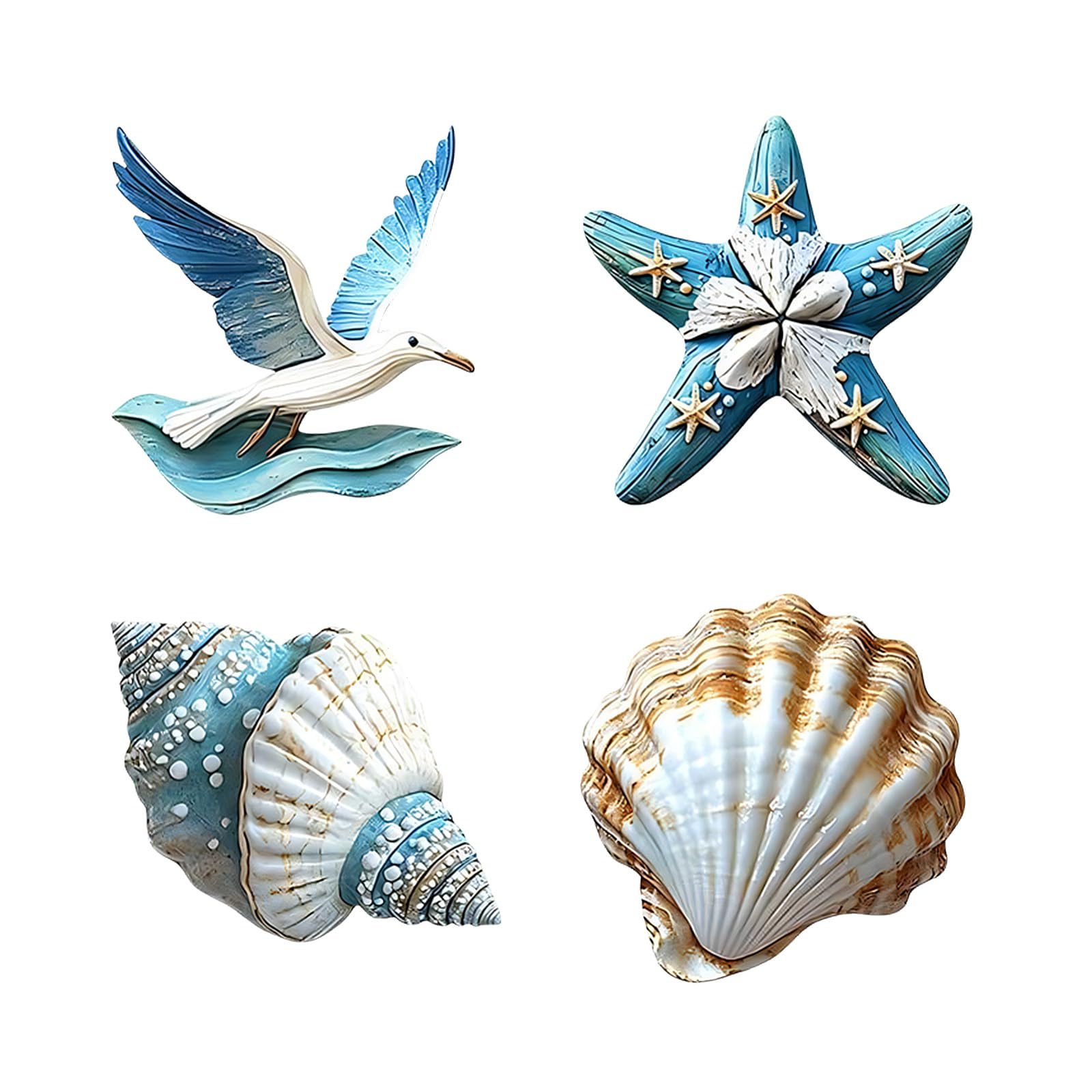 Living Room Wall Decor Set, 4 Piece Wooden Coastal Beach Pieces with Blue White Finish and Mixed Shore Motifs for Relaxed Home Decor Coastal Wall Beach Home Accents Shorebird Shell Art Sea Star Wooden