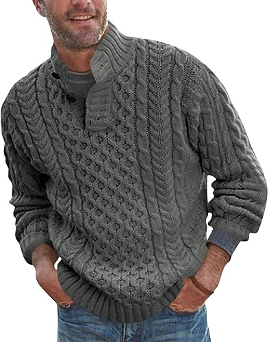 Bbalizko Mens Stand Collar Pullover Sweater Cable Knitted Chunky Winter