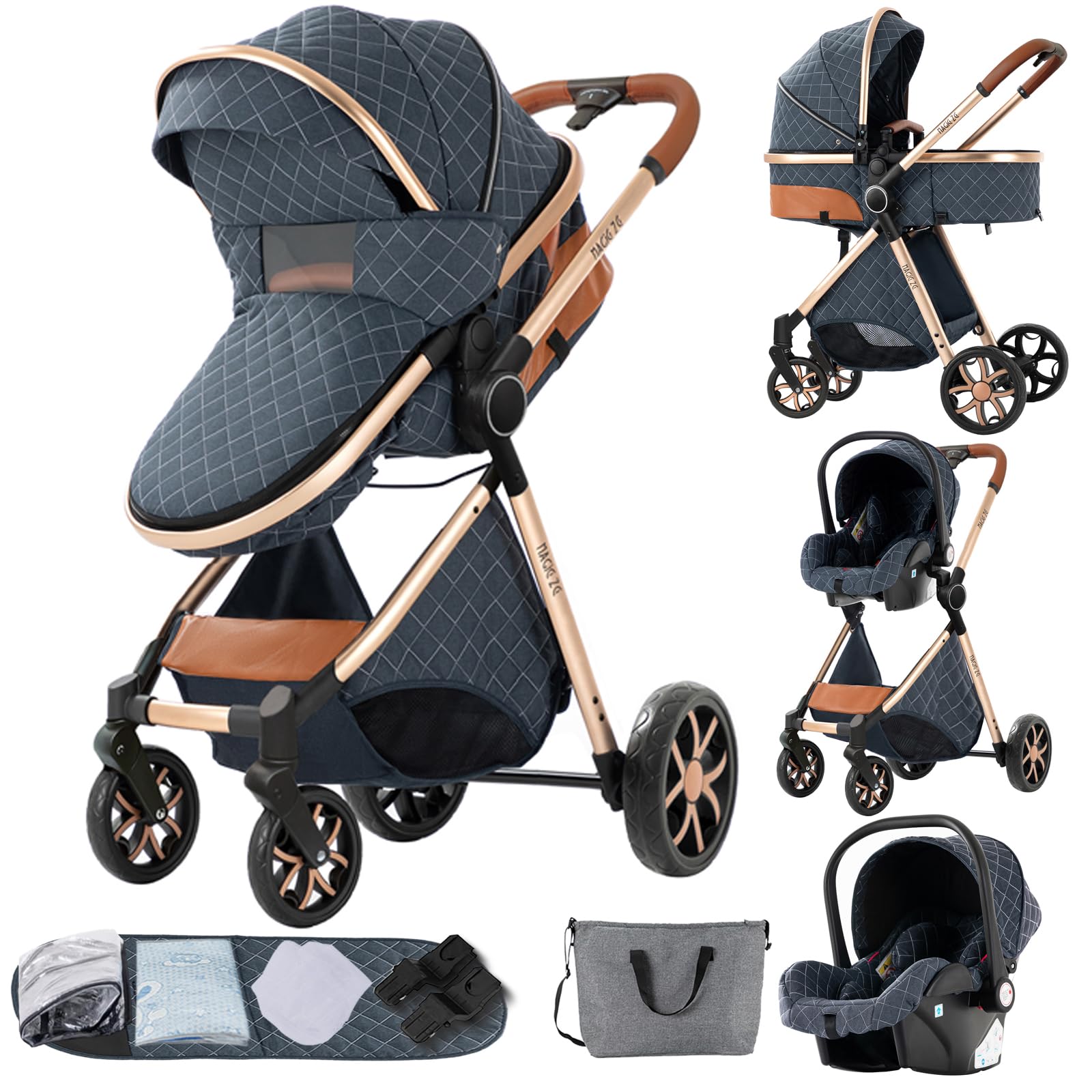 MoLi Passeggino Trio, Passeggino 3 in 1 con Doppia Modalità Push Reversibile, Trio Passeggino Neonati con Grande Navicella, Carrozzina per Neonati in Alluminio Pieghevole (225 Blue)