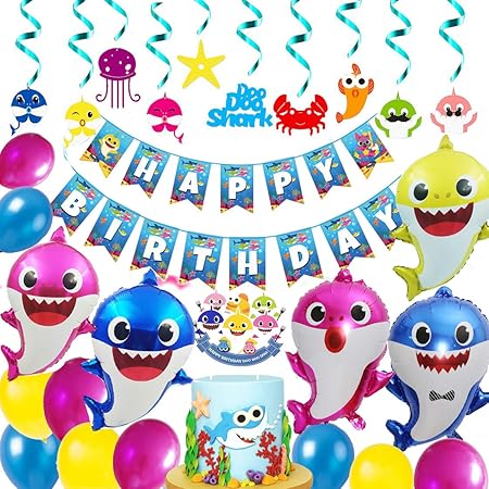 Amazon Grame サメのパーティー用品 ベビー用 26インチ ヘリウムベビーサメのパーティーバルーン 17インチの円形バルーン5個付き 誕生日デコレーション ベビーシャワーパーティー用品 10個 風船 バルーン おもちゃ