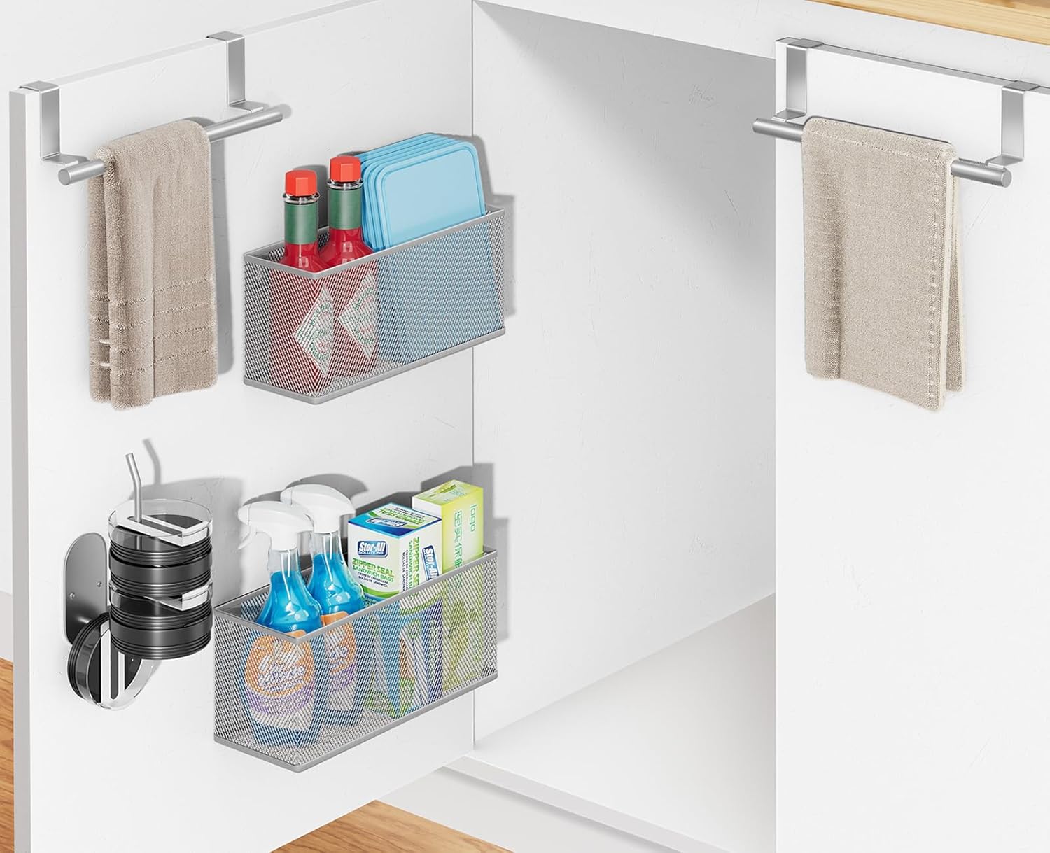 VITVITI 5 Pack Cabinet Door Organizer, Kitchen Over the Door Towel Holder and Tumbler Lid Organizer, Metal Adhesive Bathroom Inside Cabinet Doors Basket, Silver