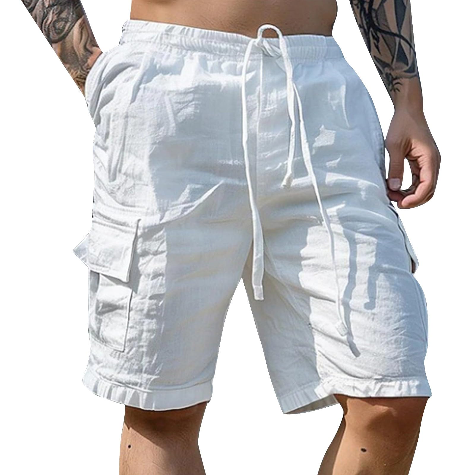 Men's Summer Loose Casual Linen Shorts Knee Length Shorts Men Drawstring Elasticated Waist-Casual Trousers with Pockets Workout Lounge Pants Mens for Work Travel Golf Cargo Trousers White