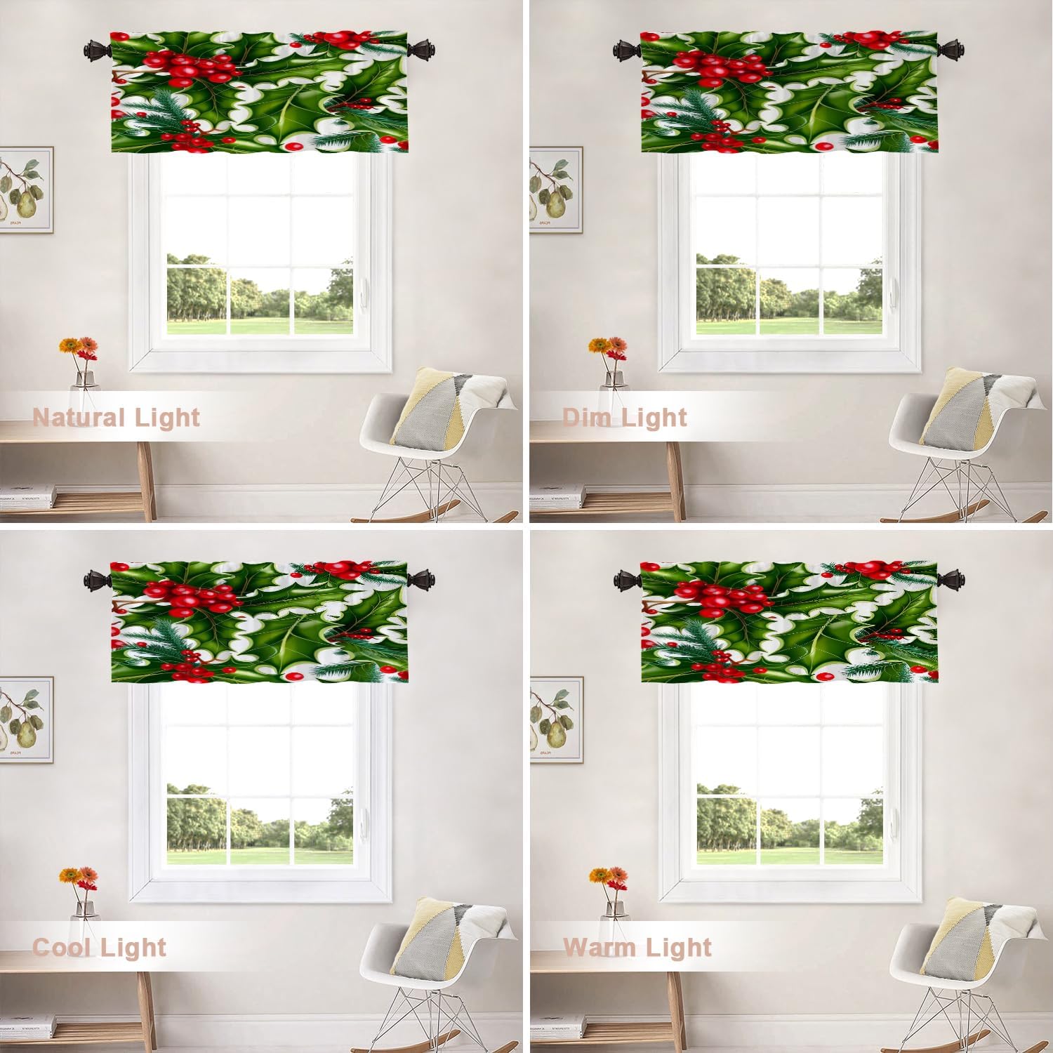 Shrahala Christmas Fir Branches Kitchen Valances, Green Fir Branches Red Holly Berry Half Window Curtain Window Treatment Multilayer Polyester Blackout for Living Room Bathroom 2 Pack 52 x 16 in