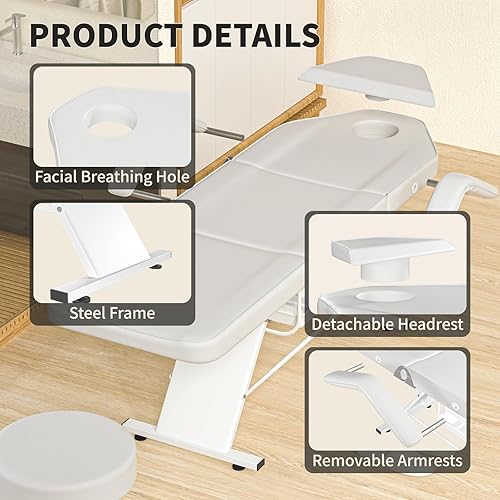 Miniatura 4 de Silla de cama de tatuaje para clientes, cama facial ajustable, silla de spa multiusos con taburete para esteticista profesional, masaje facial,