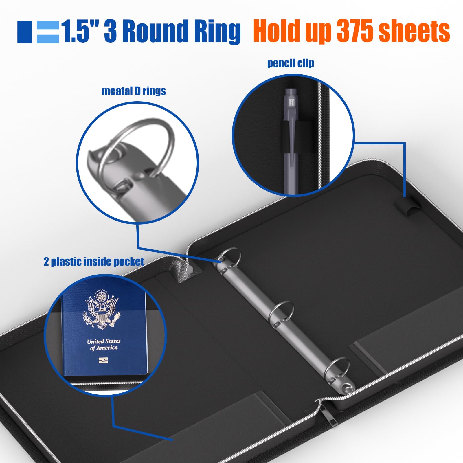 Raccoglitore a 3 anelli ignifugo da 3,8 cm con cerniera, 2 tasche interne, 1 portapenne, striscia riflettente, contiene 375 fogli di lettere americane/formato A4 per ufficio/casa/scuola fornisce 10
