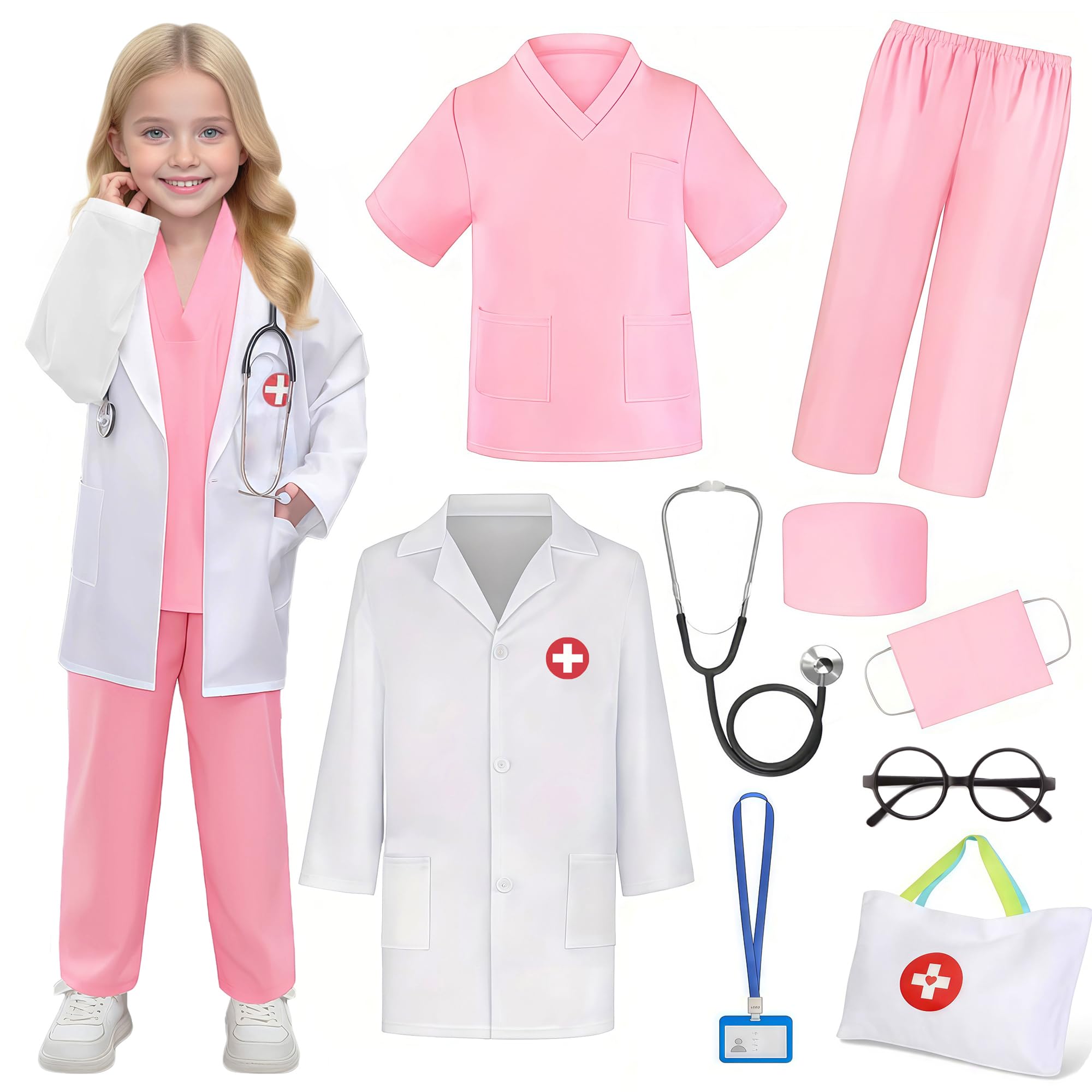 Wbesty Doctor Costume for Kids 9PC Boys Girls Doctor Role Play Outfit with Bag Kids Scrubs Dress Up for Halloween Pretend Play, Pink 7-8Y — image 1