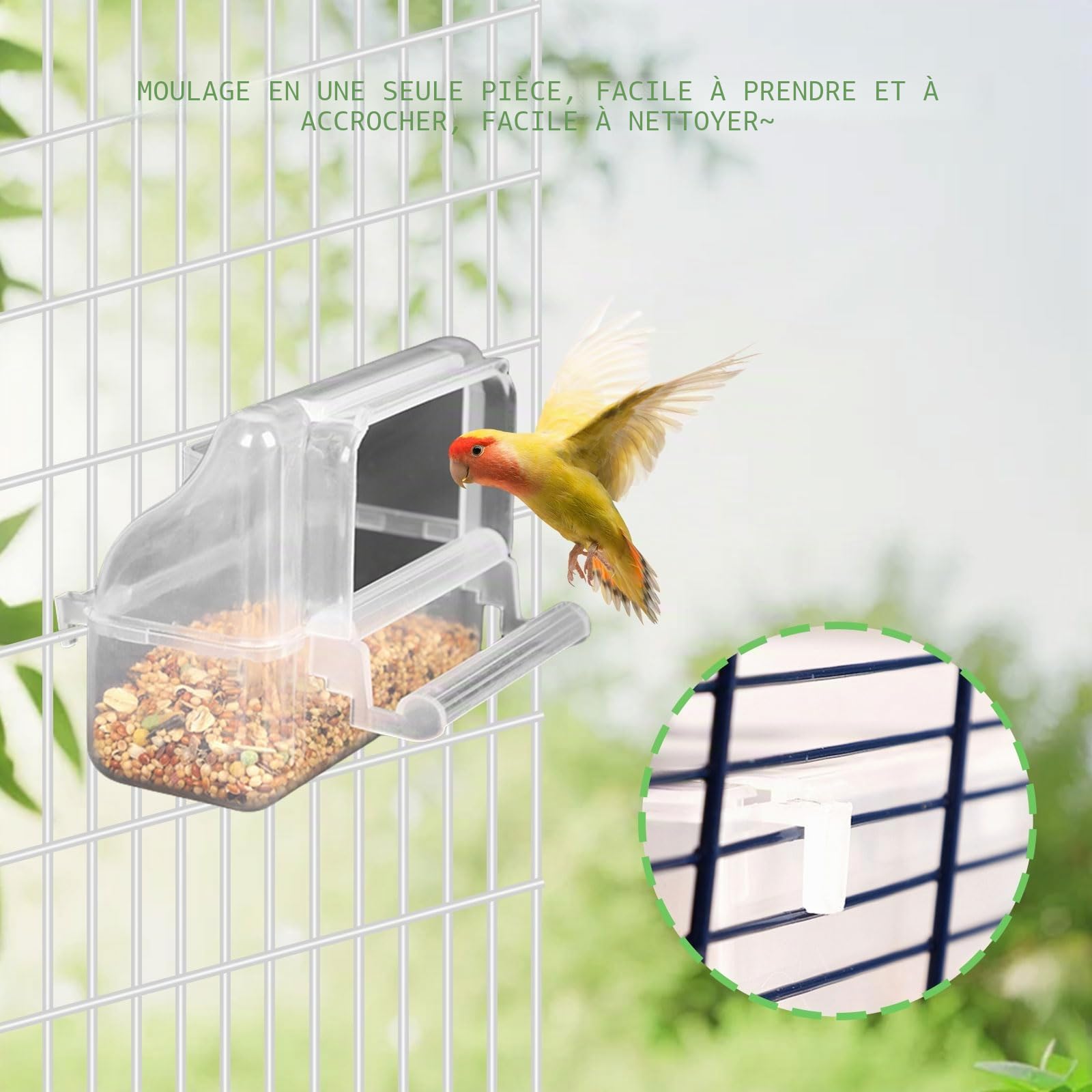 Lot de 2 mangeoires en plastique pour cage à oiseaux, mangeoires à suspendre pour perroquets, petits oiseaux, perroquets, calopsittes, pigeons, canaris (transparent)