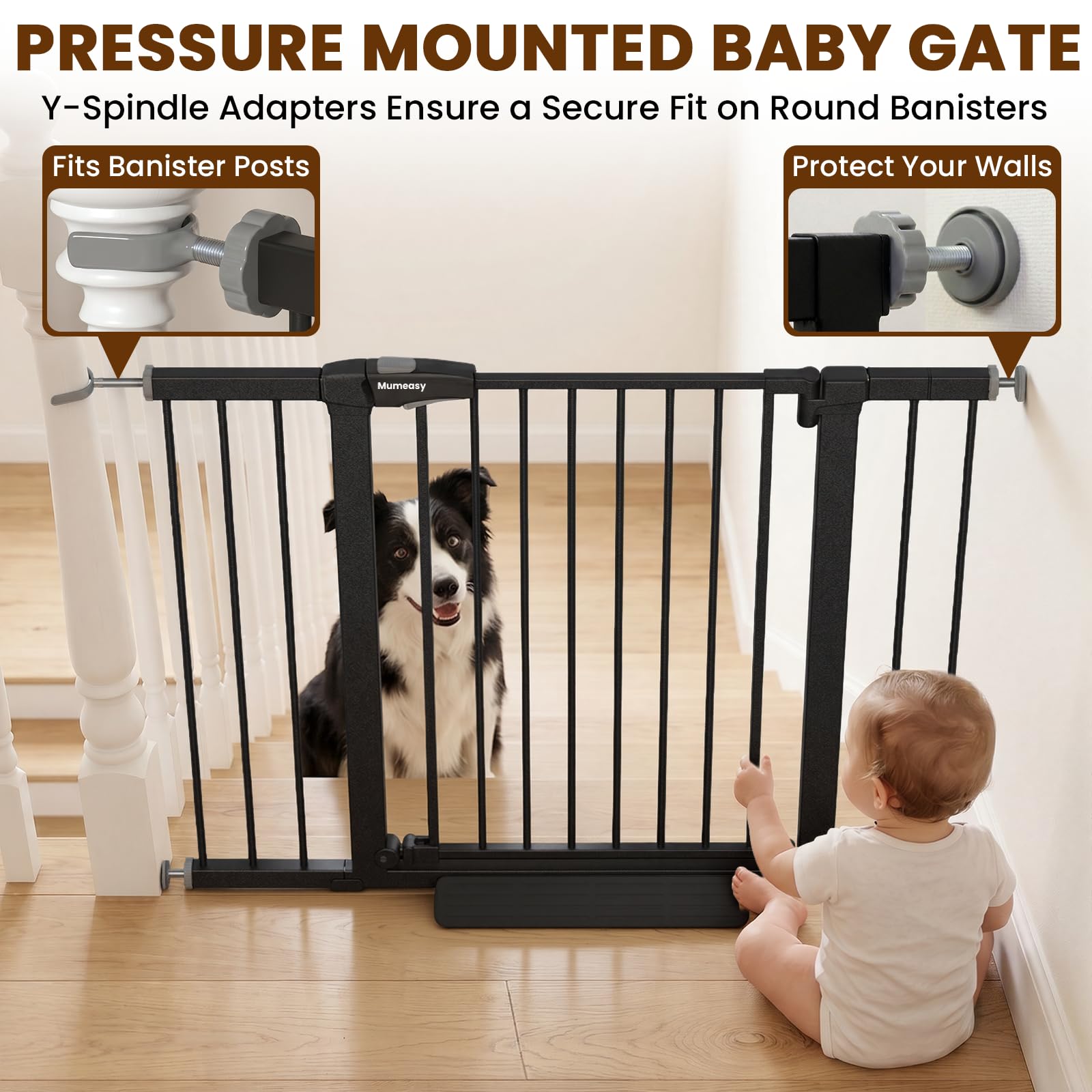 Mumeasy Puerta Valla de Seguridad para Bebés, Puerta Extra Ancha para Perros de 29.5 ''-46'' para Escaleras y Puertas