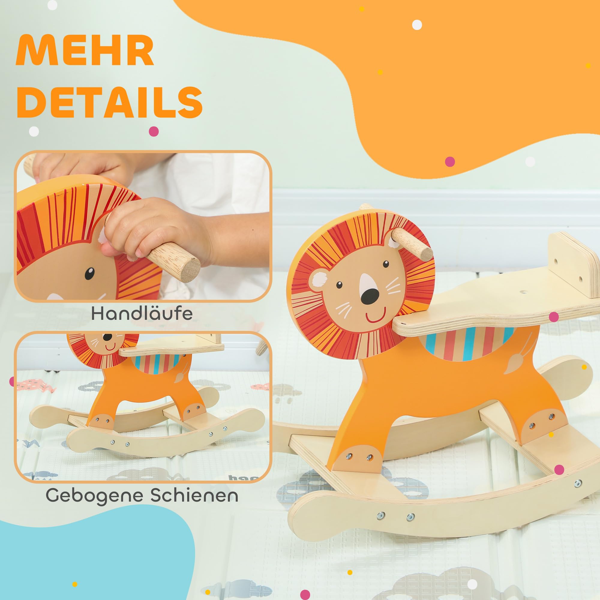 AIYAPLAY Schaukelpferd Holz, Kinder Schaukeltier mit Haltegriffen Schaukeltier Löwen für Kinder von 2-5 Jahren Orange