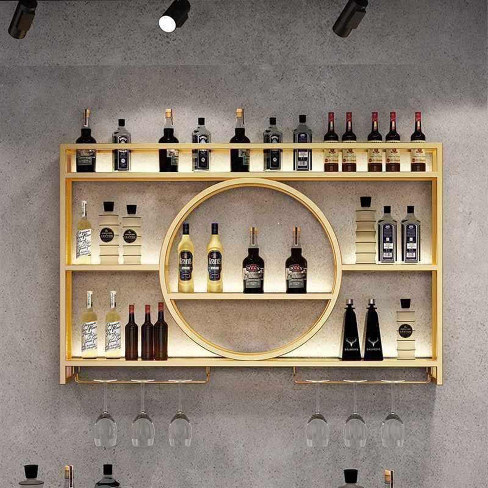 Étagère de rangement à vin à 4 niveaux suspendue avec porte-verre en métal pour maison