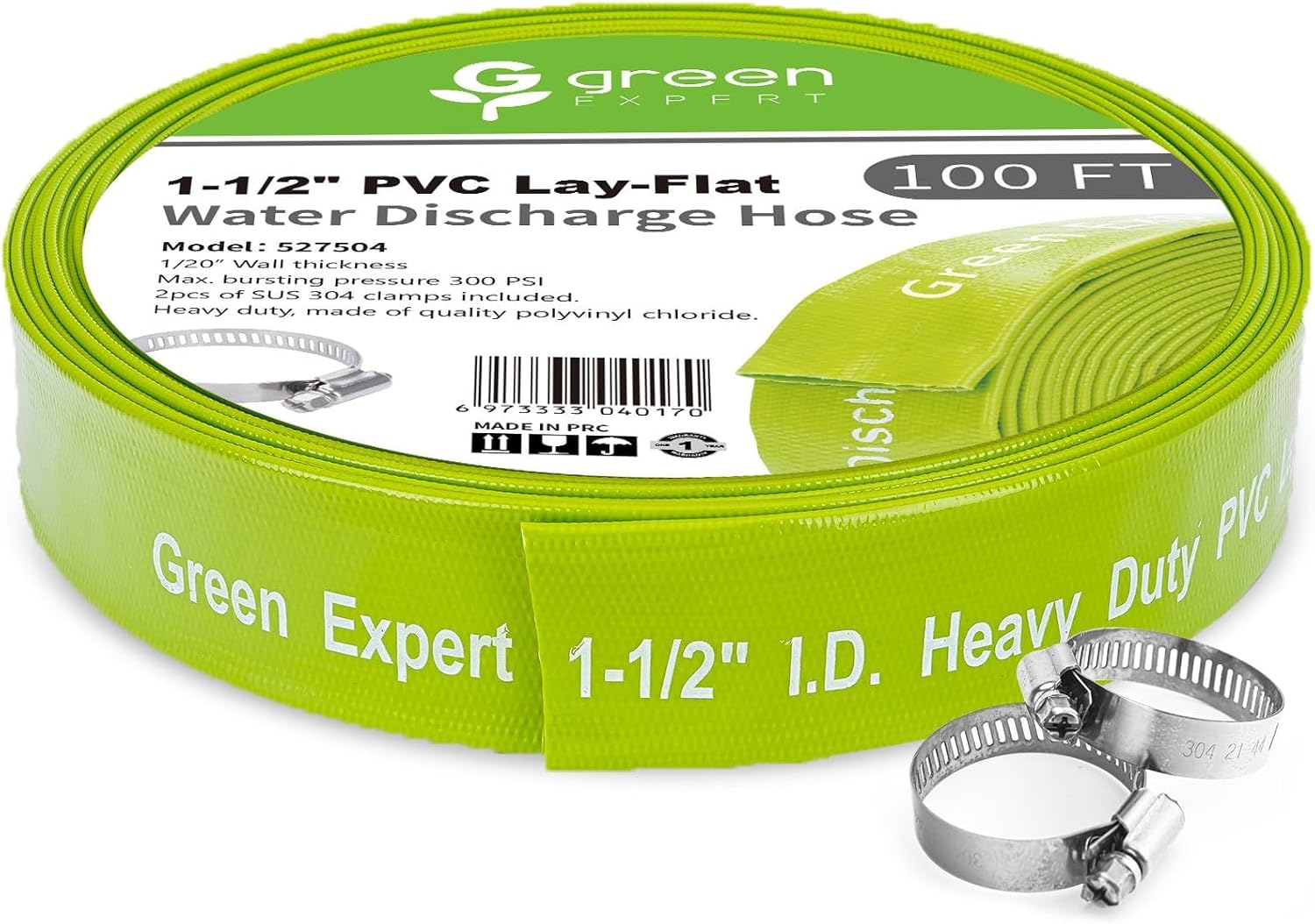 Green Expert 1-1/2" ID PVC Lay-Flat Discharge Hose, Sump Pump Accessory, 100FT Heavy-Duty Pool Backwash & Water Transfer Hose, Steel Clamp Kit Included