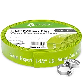 Green Expert 1-1/2" ID PVC Lay-Flat Discharge Hose, Sump Pump Accessory, 100FT Heavy-Duty Pool Backwash & Water Transfer Hose, Steel Clamp Kit Included