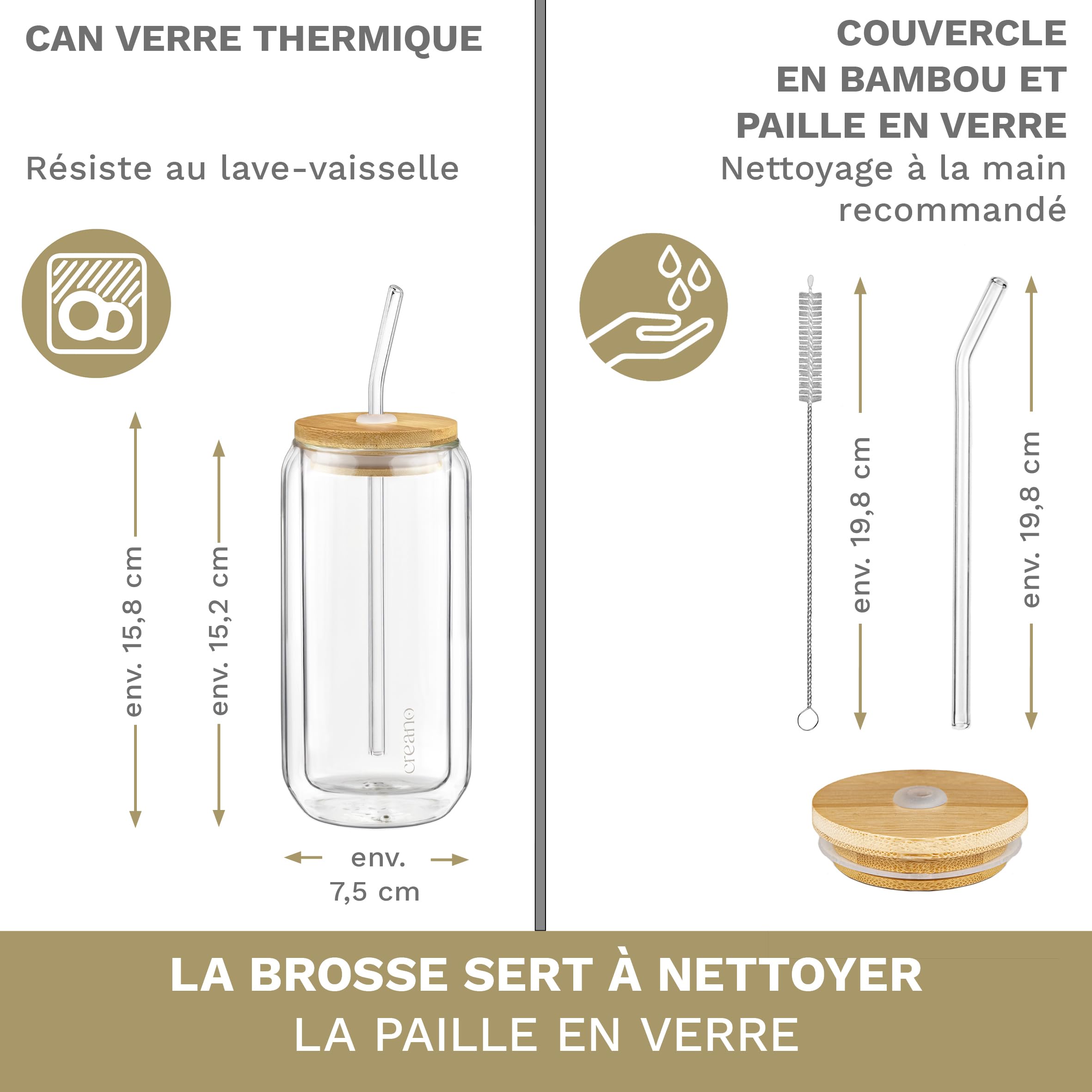Creano Verre à double paroi avec couvercle en bambou et paille - 360 ml - Lot de 4 - Gobelets à smoothie - Bubble Tea - Verre à cocktail