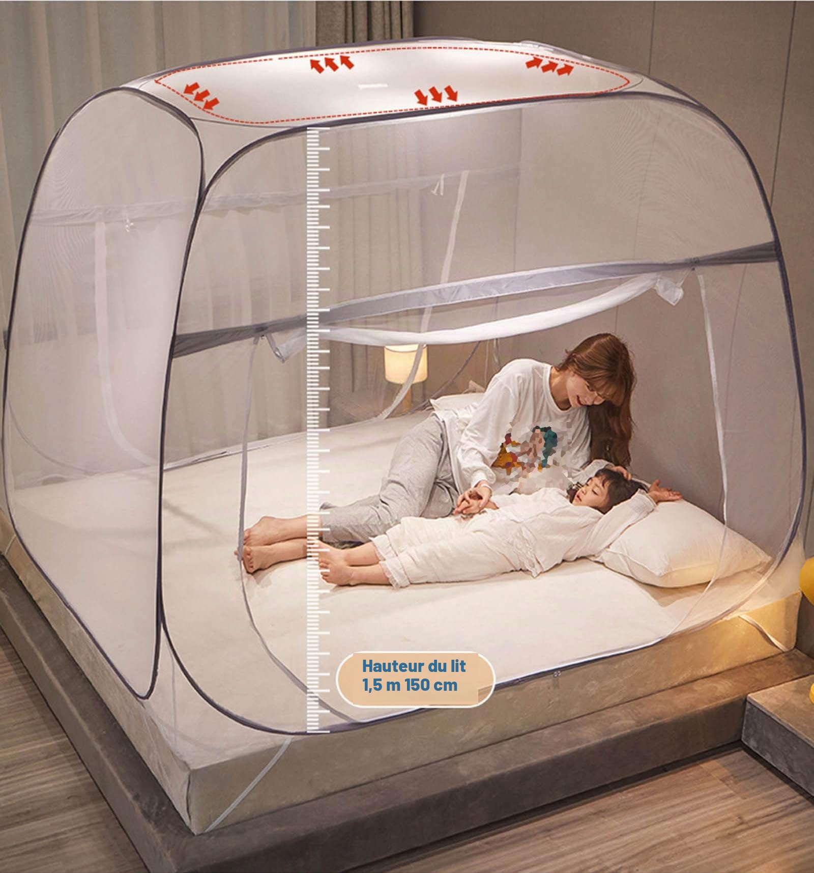 Moustiquaire, Lit À Baldaquin 3 Portes Haut Carré avec Fond Voyage Maison Anti Moustique Tente Pliable Pop Up Filet De Lit Autoportant Enfants Adultes Tente De Camping, 180x200cm,Grey