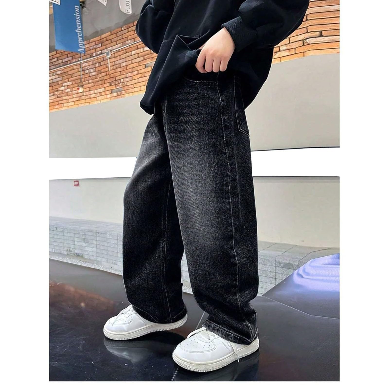Jean baggy pour garçons - Jambes larges - Coupe droite - Taille élastique - Style cargo - Décontracté - Pour enfants - Loisirs - Streetwear - Pour adolescents