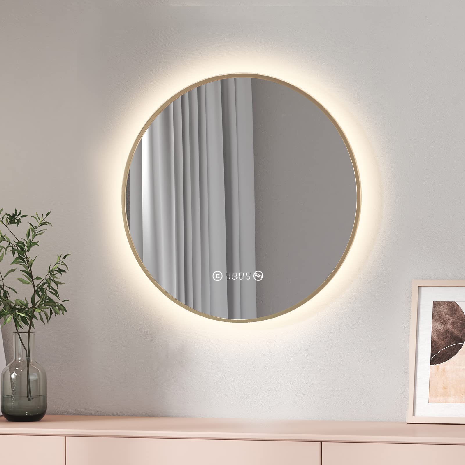 EMKE Round LED Bathroom Mirror, 600mm With Demister, Dimmable Illuminated Wall Mounted Vanity Mirror With Clock, Touch Smart Gold Frame