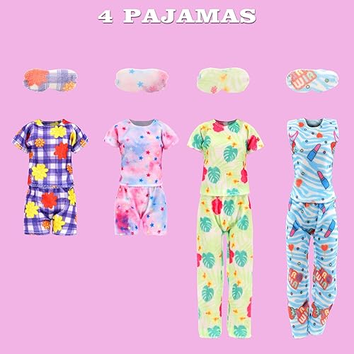 Miniatura 2 de 19 piezas de ropa y accesorios para muñecas, incluyendo 4 pijamas, 1 bata de baño, 1 toalla de baño, 2 bufanda y 3 pantuflas para muñeca de 11.5