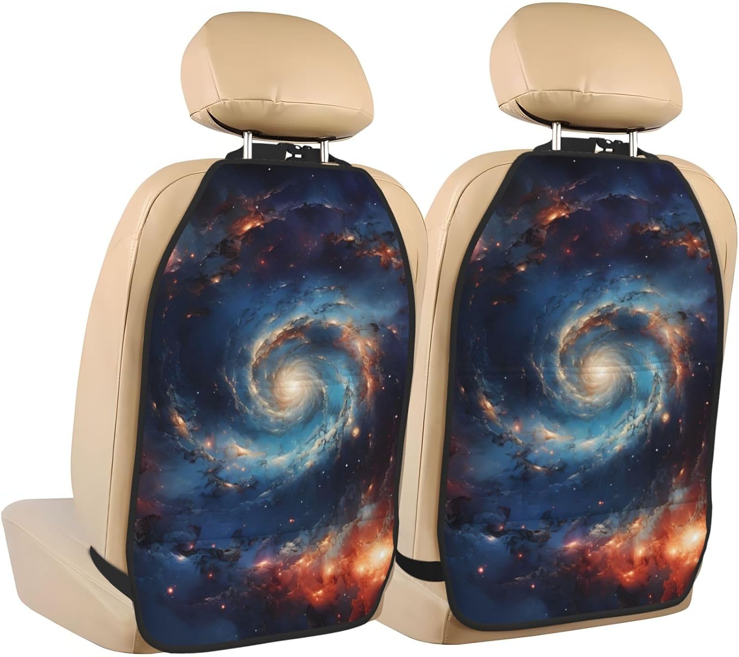 Car Seat Back Kick Protector 2 Pack 18.5" x 26.4", Realistic Spiral Galaxy with Orange & Blue Cosmic Clouds Upgraded Large Rear Seat Cover for Dirty Shoes Kids Pets, Waterproof Oxford Fabric A