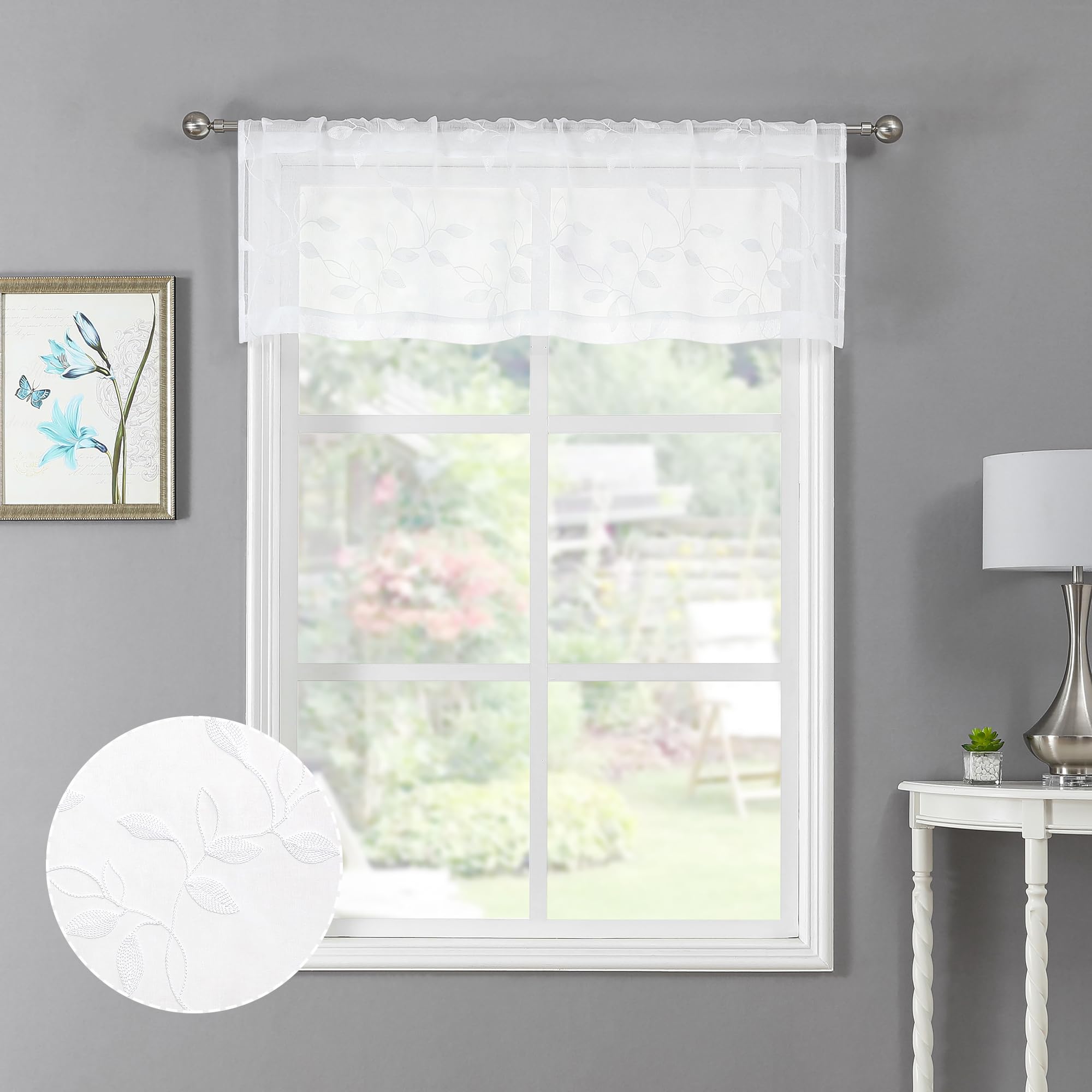 Tollpiz White Leaf Sheer Valance Leaves Embroidered Living Room Curtain Valances Rod Pocket Voile Valance Curtains for Bedroom, 54 x 16 inches Long,