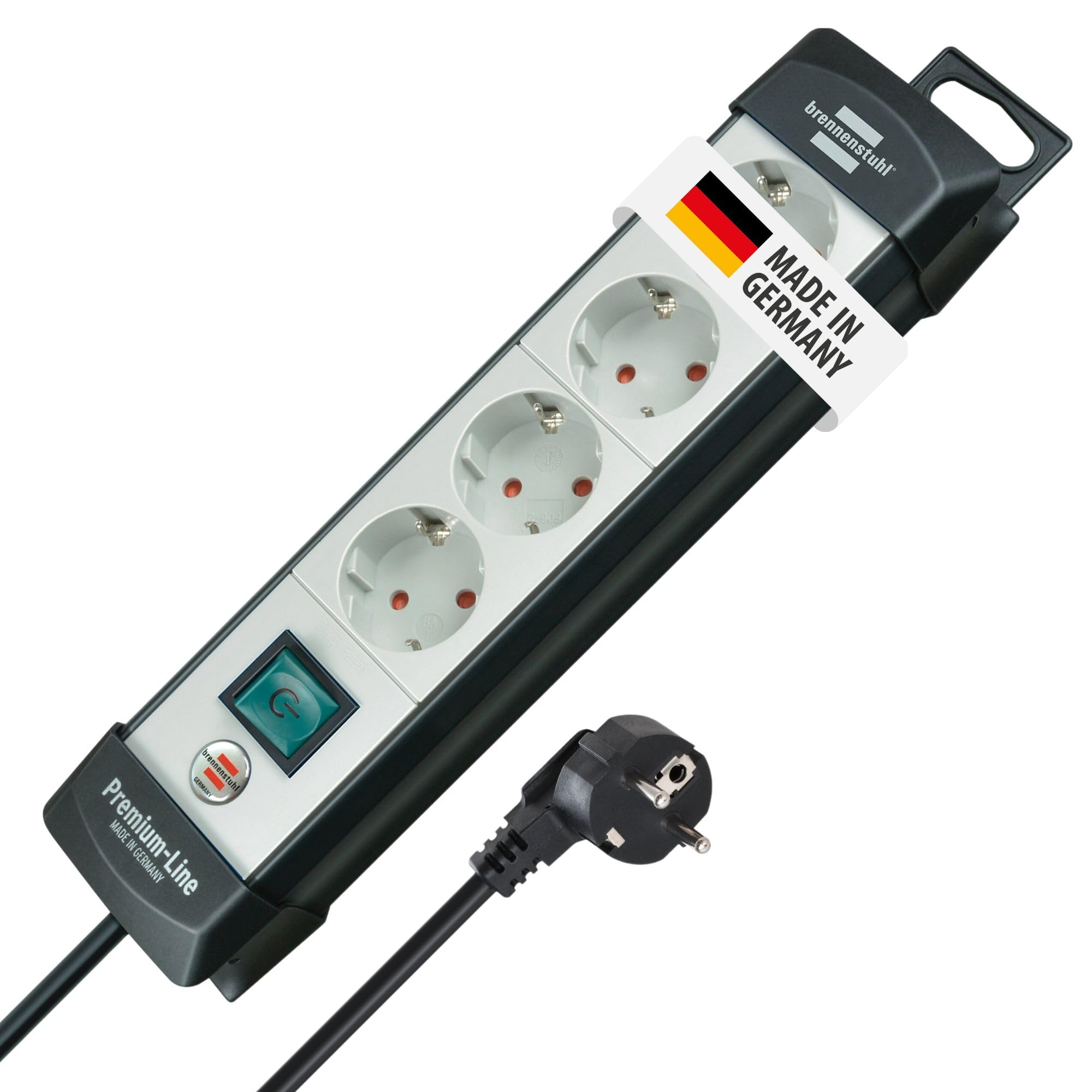 Brennenstuhl Premium-Line Steckdosenleiste 4-Fach (Mehrfachsteckdose mit Schalter und 5m Kabel - 45° Anordnung der Steckdosen, Steckdosenleiste Wandmontage, Made in Germany) schwarz/grau