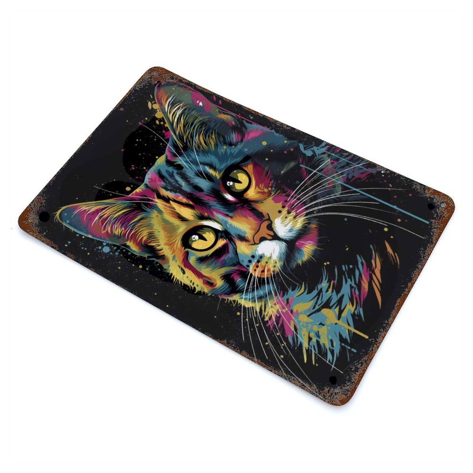 Colorful Cat With Drips 11.8"x7.9" Vintage Metal Tin Sign, Novelty Wall Decor for Basement, Hobby Room And Garage Decor