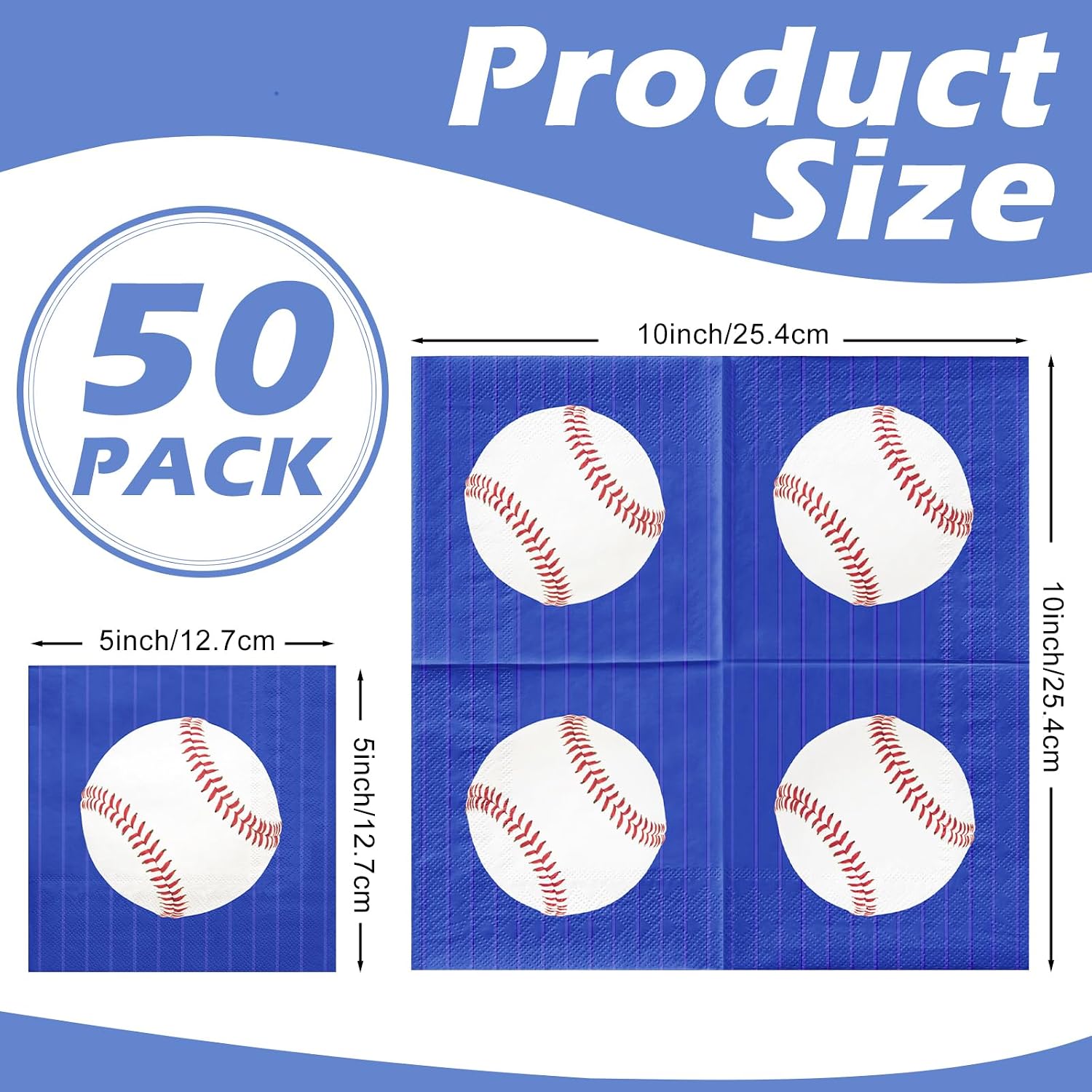 RUSPEPA 50 Pcs Baseball Paper Napkins, 3 Ply Blue Disposable Beverage Cocktail Napkins with Baseball Design for Sports Themed Party Supplies, Kids Birthday, Team Celebration, Outdoor Event, 5 x 5 Inch