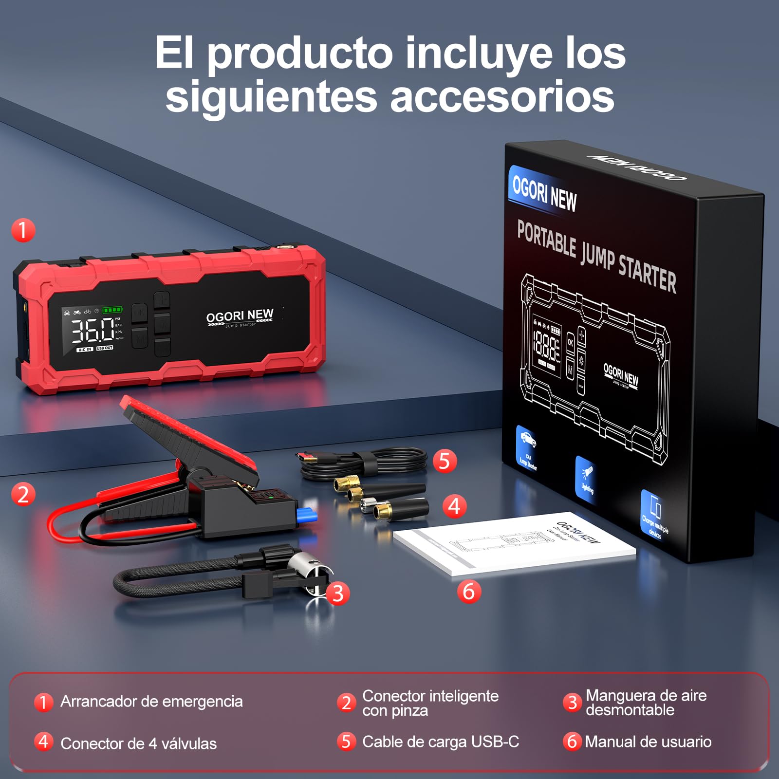 Arrancador de Baterias de Coche 7000A,Compresor Aire portatil 150 PSI,Arrancador de Coche 12V(para 10L de Gasolina o 8L de Diésel) con Pinzas de Seguridad Inteligentes y luz LED