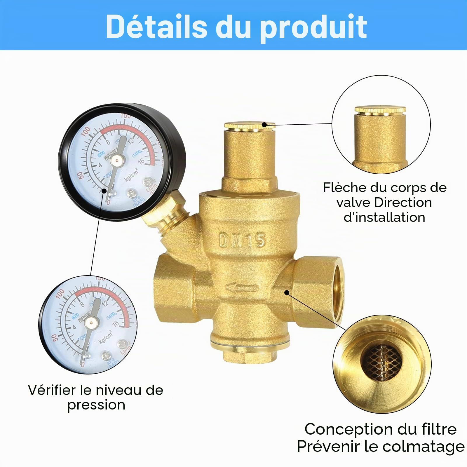 Reducteur de Pression eau DN15 1/2 Pouce Avec Manometre Pression eau, Fabriqué 100% en Laiton de Haute Dureté, Réducteur de Pression d'eau Limiteur de Pression Arrosage Regulateur de Pression d eau