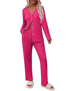 ACEVOG 2 Piece Waffle Knit Pajamas For Women Lounge Sets Long Sleeve Button Down Pajama Sets with Pockets