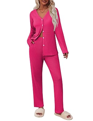 ACEVOG 2 Piece Waffle Knit Pajamas For Women Lounge Sets Long Sleeve Button Down Pajama Sets with Pockets