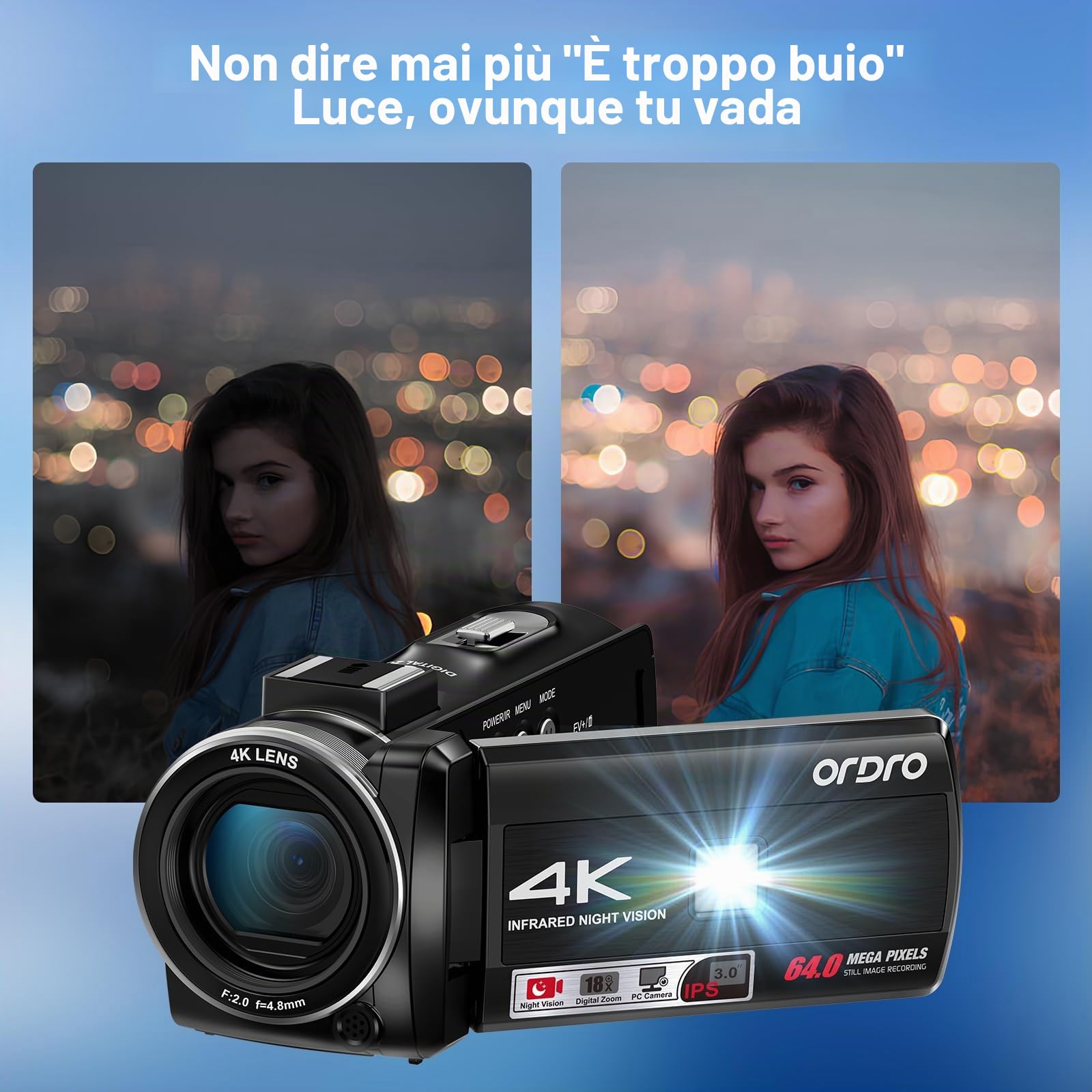 ORDRO Videocamera 4K, Camcorder 64MP 18x Zoom Digitale, Visione Notturna IR, Luce di Bilanciamento, Schermo Rotante 3.0" 270°, Videocamera per Vlog YouTube con Treppiede e 2 Batterie