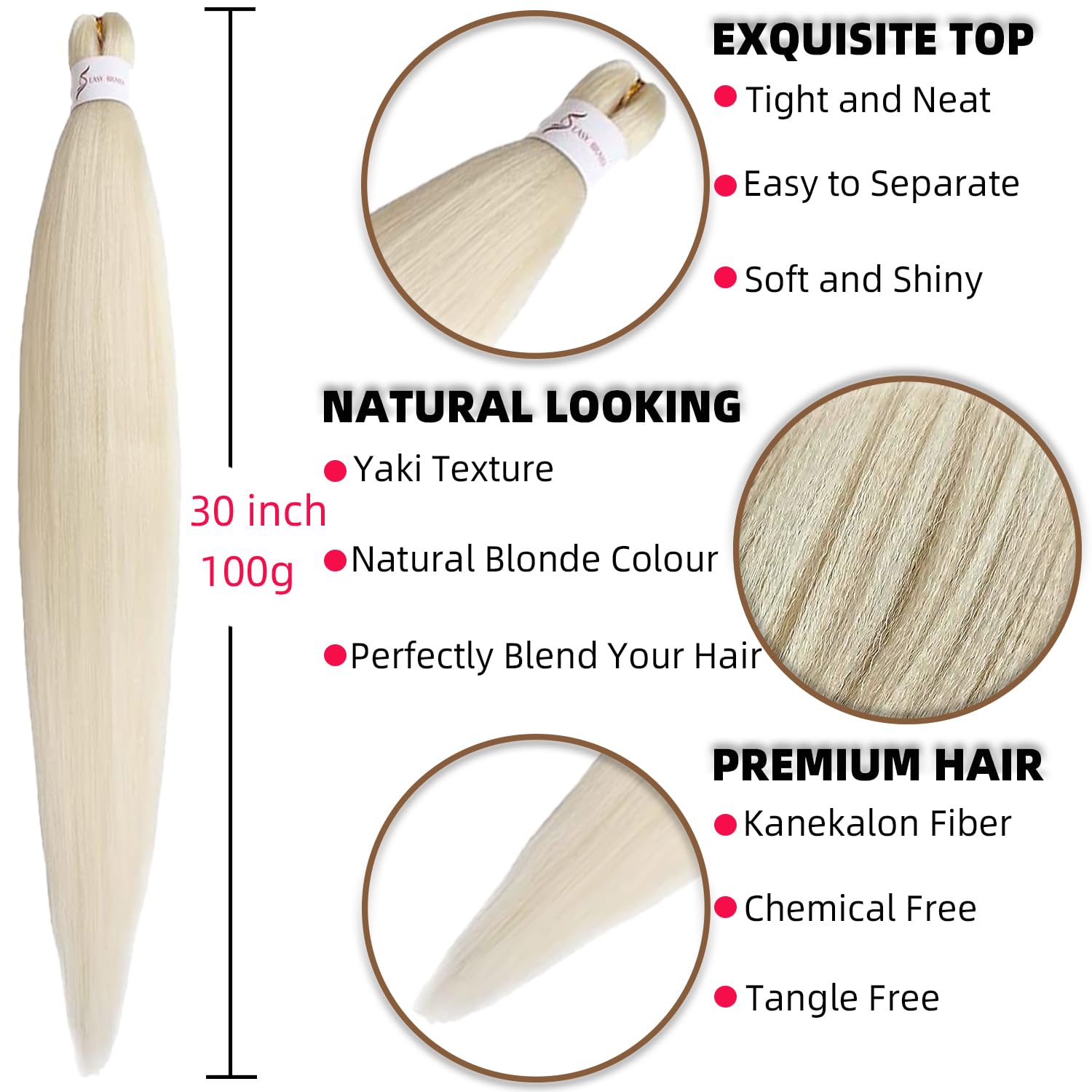 Pre Stretched Braiding Hair, Blonde, 30 Inches, #613 Long Easy Braids Extensions, Blonde Gold Synthetic Hair for Braiding, 6 Packs, Pre-Stretched Braiding Hair, Kanekalon Yaki Braids Hair Extensions (613#) 76 inches (pack of 6) 613#