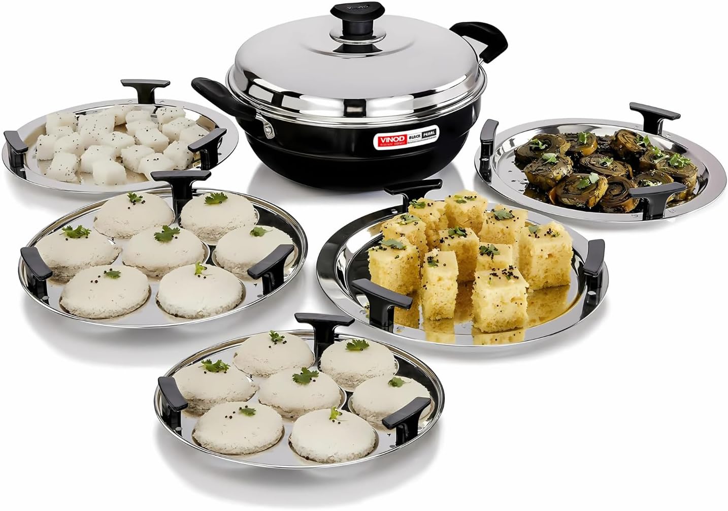 Vinod Black Pearl Hard Anodised Multi Kadai, 26cm,5 Plates - 2 Idli, 2 Dhokla,1 Patra Plate, Steamer for Idli, Dhokla, and Momos, Scratch Resistant, Induction Friendly